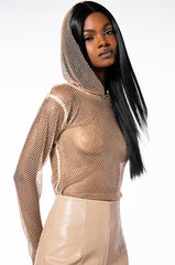 NORTH STAR RHINESTONE MESH HOODED TOP