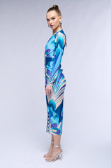 ODETTE SCARF PRINT MIDI DRESS IN TEAL