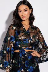 OJAI EMBROIDERED BELL SLEEVE WRAP FRONT BLOUSE