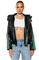 ON YOUR MARKS FAUX LEATHER HOODED JACKET