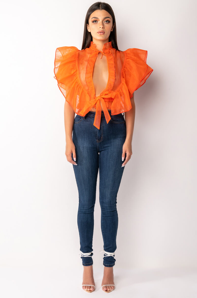 OUTTA MY WAY RUFFLE SLEEVE ORGANZA TIE FRONT BLOUSE