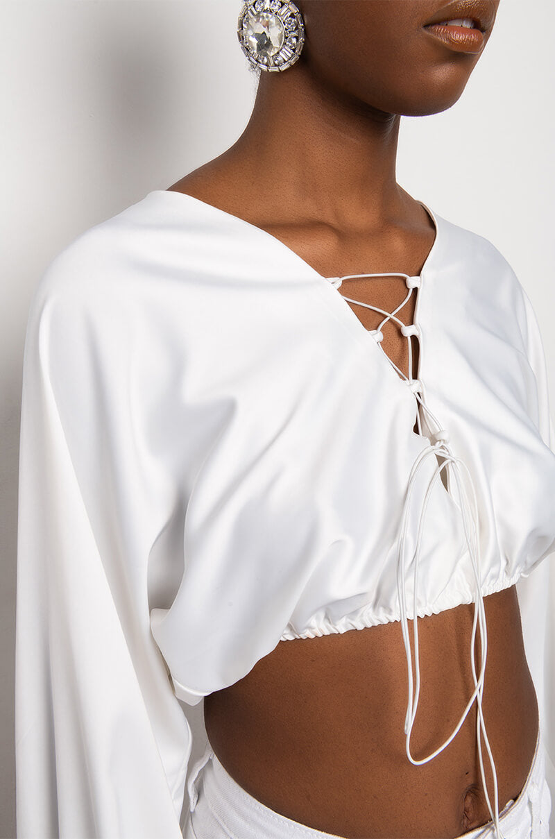 PORTOFINO SATIN LACE UP CROPPED BLOUSE