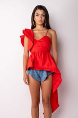 MIA HIGH LOW RUFFLE SLEEVELESS BLOUSE
