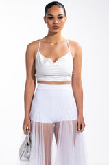 PROTECT MY PEACE CROPPED SATIN COWL NECK TANK WITH APPLIQUE