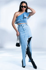 ROMANTIC WALKS CROPPED ONE SHOULDER DENIM BLOUSE