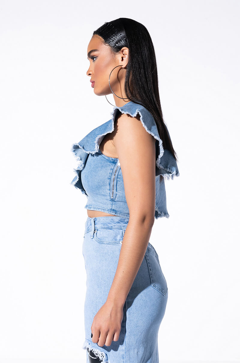ROMANTIC WALKS CROPPED ONE SHOULDER DENIM BLOUSE