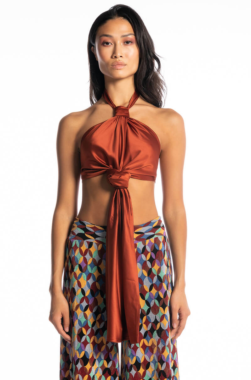 RULES DON'T APPLY SLEEVELESS CROPPED SATIN HALTER BLOUSE