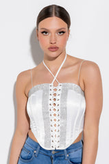 SELF CONTROL LACE UP RHINESTONE SATIN CORSET