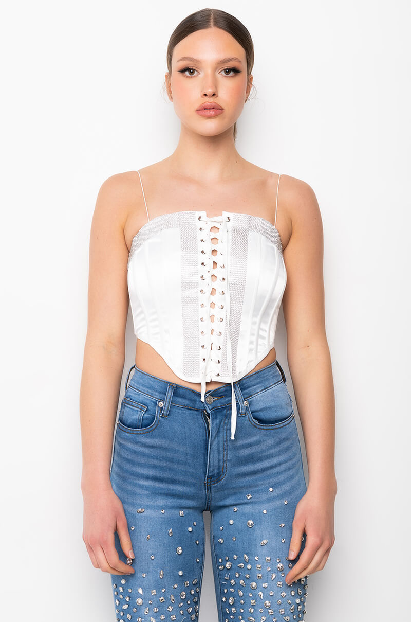 SELF CONTROL LACE UP RHINESTONE SATIN CORSET