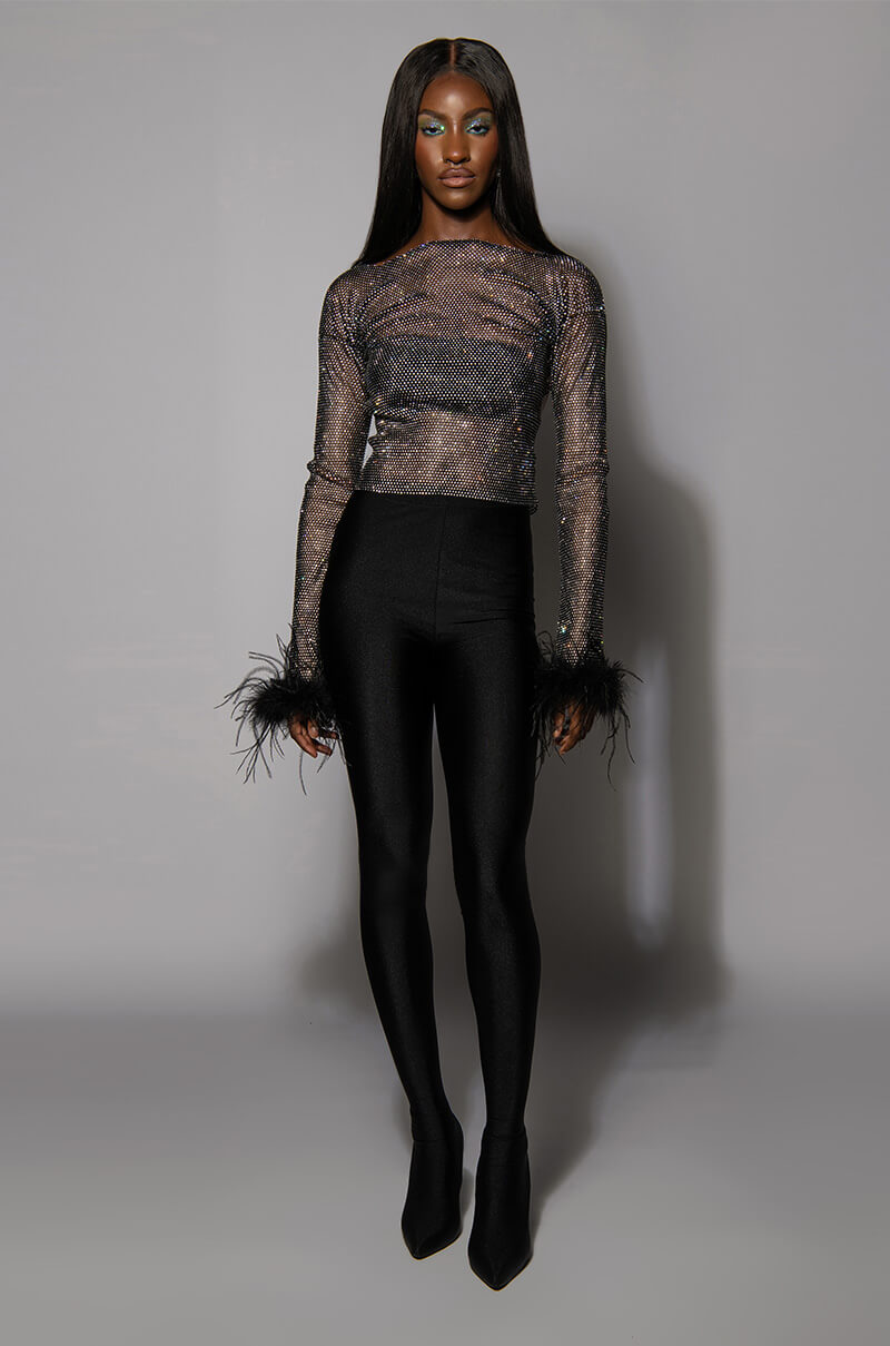 SHEER FEATHER DETAILED RHINESTONE TOP
