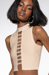 SORRY I'M LATE RHINESTONE MOCK NECK BANDAGE CROP TOP