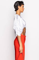 STAY GOLD SATIN TIE FRONT CROP BLOUSE