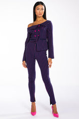 SWEET LIKE SUGAR PINSTRIPE OFF SHOULDER BLAZER