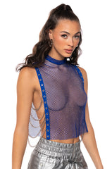 TEARS IN THE CLUB OPEN SIDES MOCK NECK RHINESTONE MESH BLOUSE
