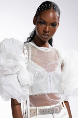 TEARS IN THE CLUB OPEN SIDES MOCK NECK RHINESTONE MESH BLOUSE