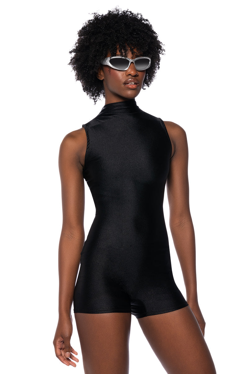 THE CASSIE SLEEVELESS SLINKY ROMPER IN BLACK