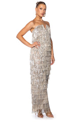 TOP OF THE WORLD STRAPLESS SEQUIN FRINGE MAXI DRESS IN SILVER MULTI