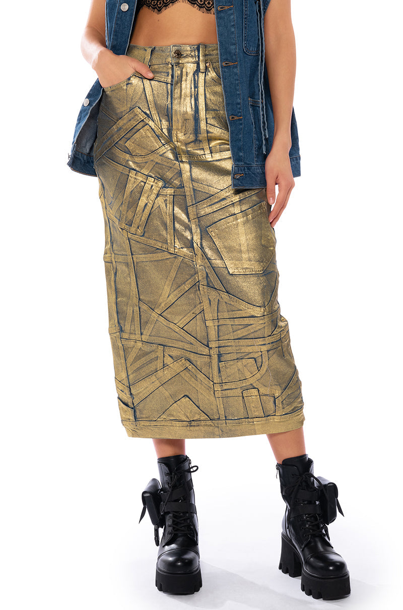 GIGI METALLIC PATCHWORK DENIM SKIRT
