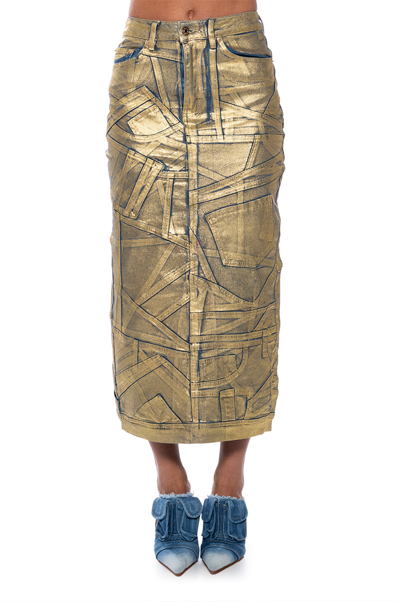 GIGI METALLIC PATCHWORK DENIM SKIRT