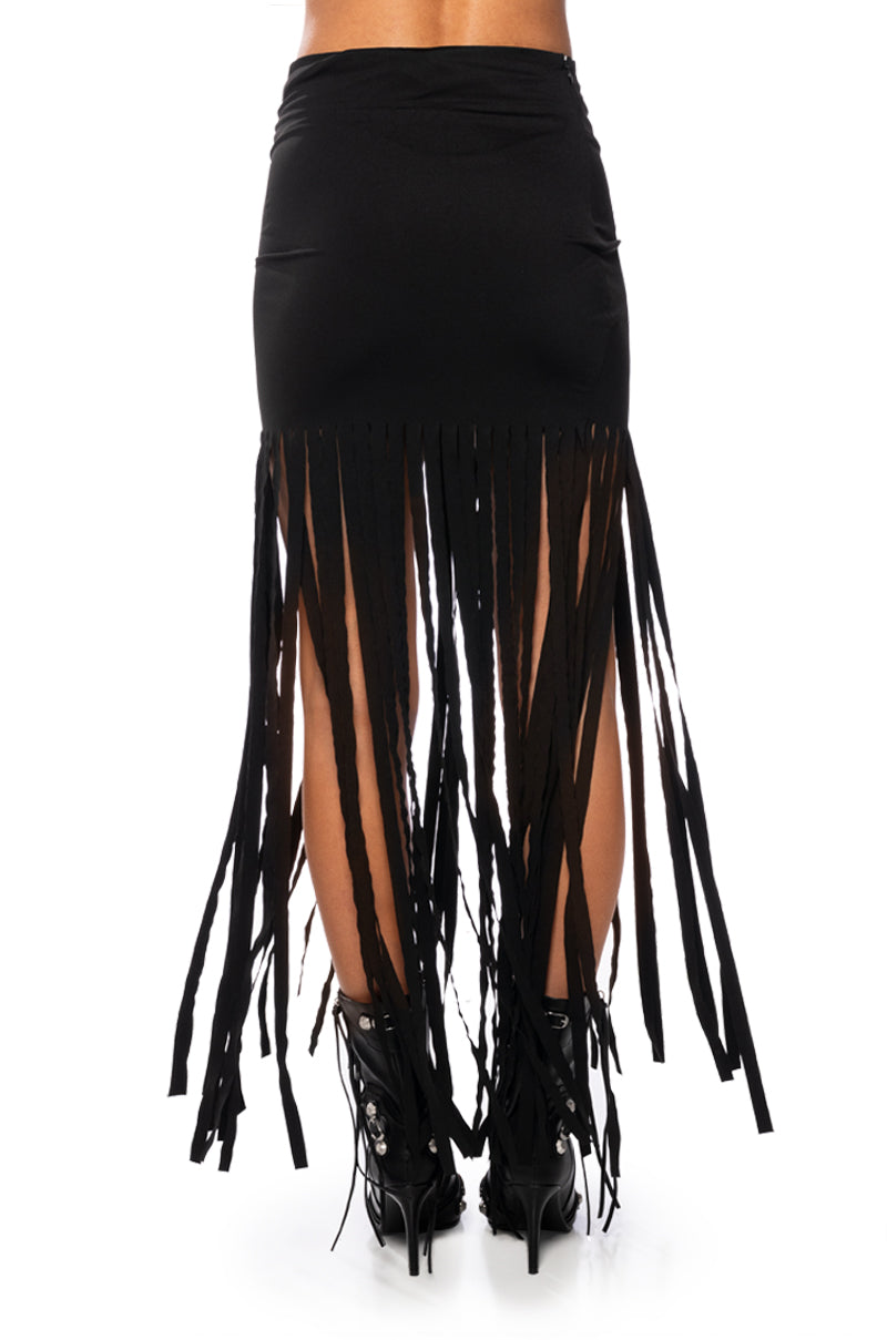 WILD THOUGHTS FRINGED MAXI CUTOUT SKIRT